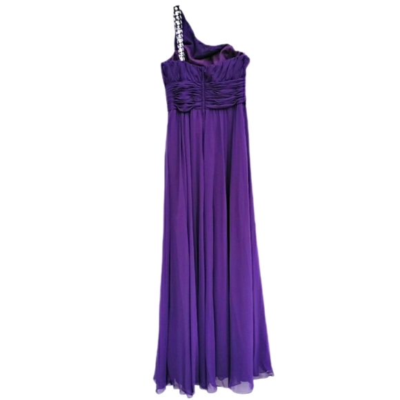 MoriLee Madeline Gardner Jeweled One Shoulder Purple Empire Waist Evening Gown 8 - Picture 4 of 16